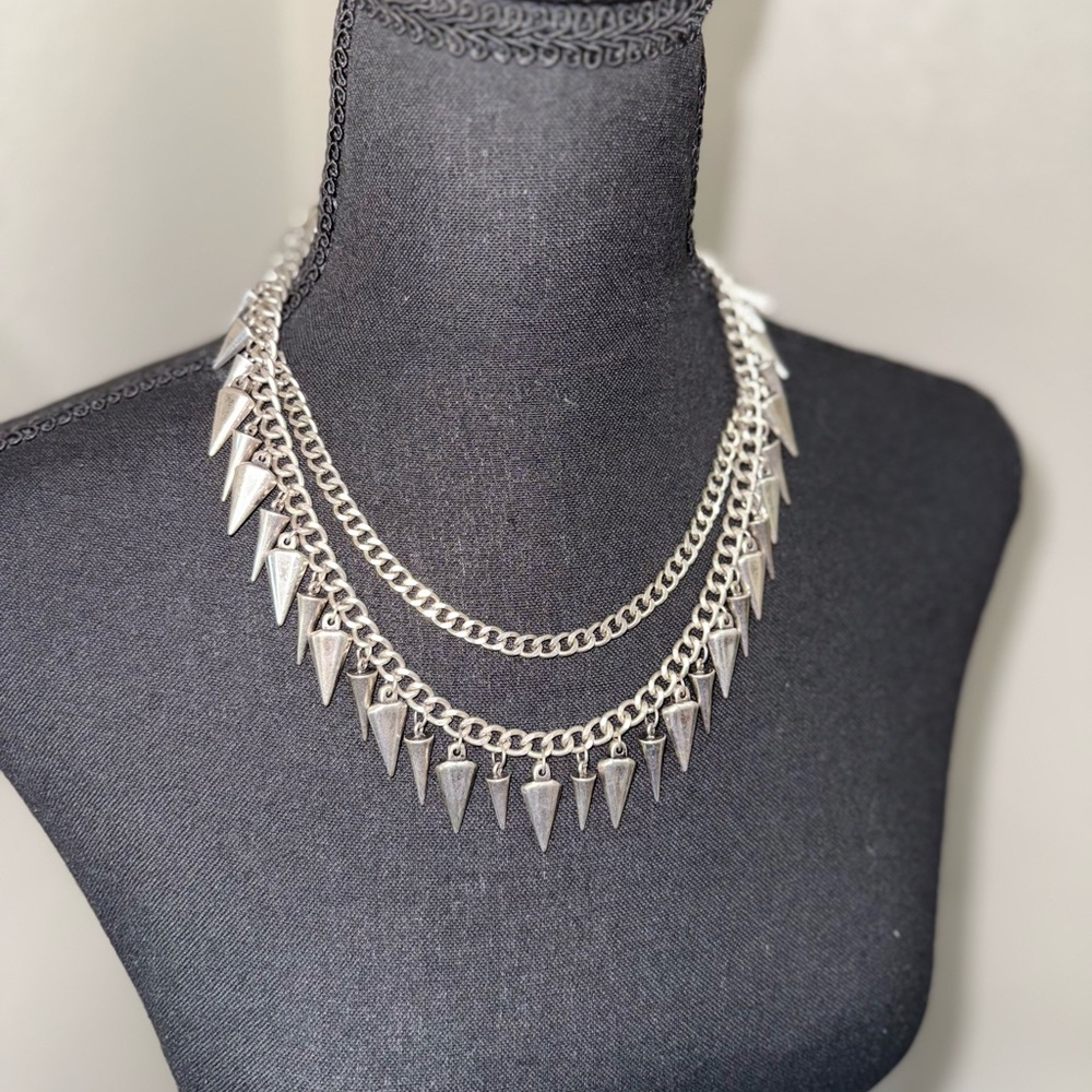 Stainless Steal 2 Chain Spiked Necklace - Picture 2 of 7
